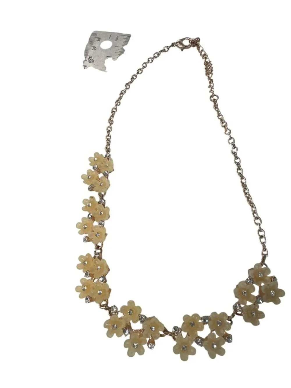Cream Flower Rhinestone Necklace Gold-Tone Chain Bib Sparkly Dainty Cottage 18